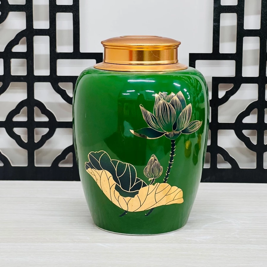 Lọ đựng trà bát tràng cao cấp họa tiết vàng kim, hũ đựng trà bằng sứ, bình đựng tra bát tràng