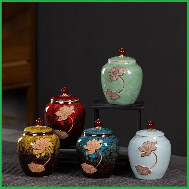 Hũ, Bình đựng trà bằng sứ họa tiết hoa sen